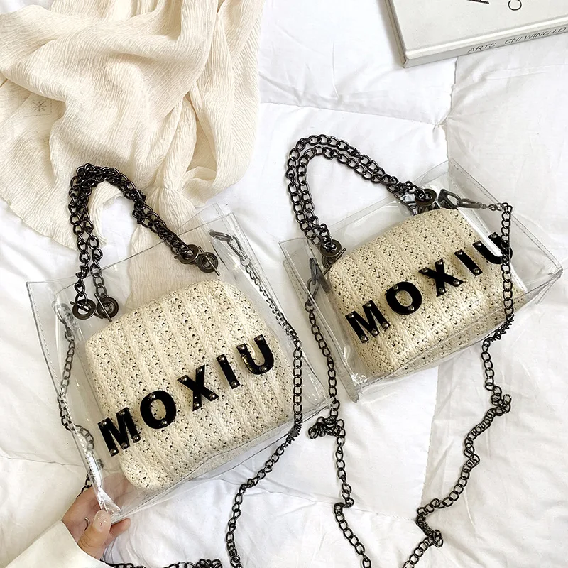 

Transparent Straw Different Size Bags Women's 2019 Spring And Summer New Style Fashion Korean-style-Style Chain Crossbody Bag Bu