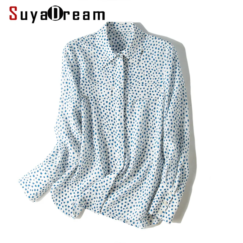 

SuyaDream Women Silk Printed Blouse Long Sleeved Chest Pockets Turn Down Collar Button Office Blouses 2019 Autumn Shirts New