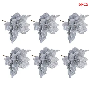 

6pcs Glitter Artificial Flowers for Christmas Tree Decoration Home Wedding Party Ornaments 634E