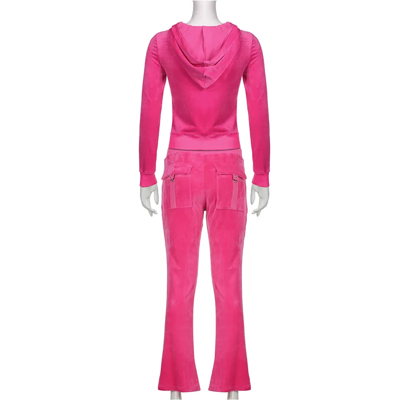 ALLNeon 2000s Aesthetics Pink Velour 2 Piece Sets with Pants Streetwear Zip Up Hoodie Drawstring Low Waist Pants Co-ord Suit