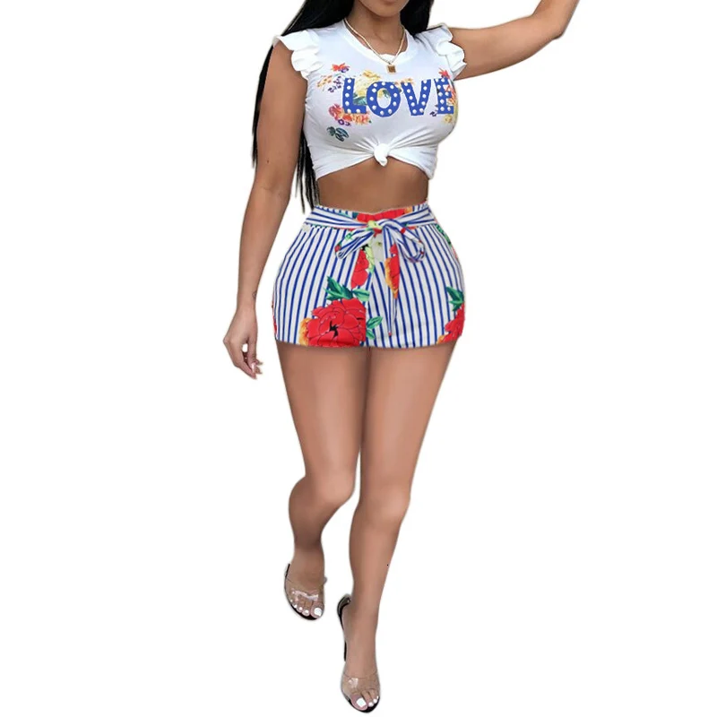 2018-Two-Piece-Set-Women-Love-Print-Casual-Tracksuit-Sleeveless-Tops-And-Striped-Short-Matching-Suits (2)
