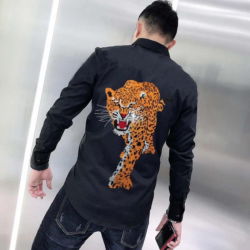 Leopard Style Rhinestone Black And White Spring Men's T-Shirt Button Lapel Design Business Office Personality Tops