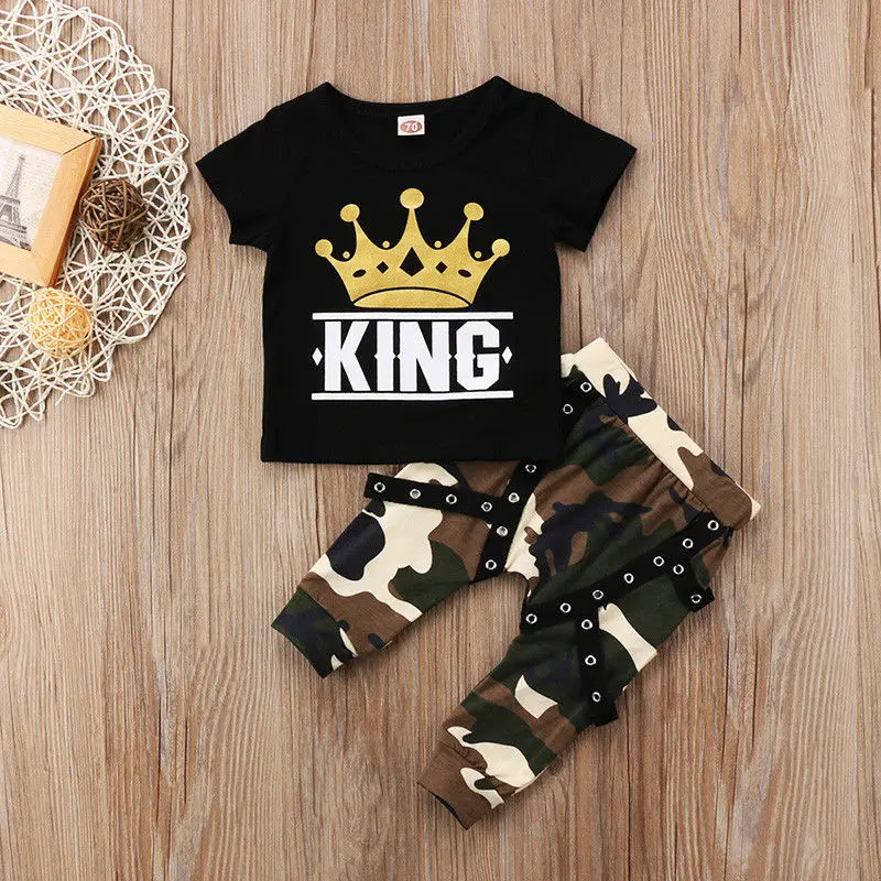 Pudcoco/брендовый комплект одежды для маленьких мальчиков, футболка с надписью KING, штаны с камуфляжным принтом, комплект одежды для маленьких мальчиков, От 0 до 5 лет