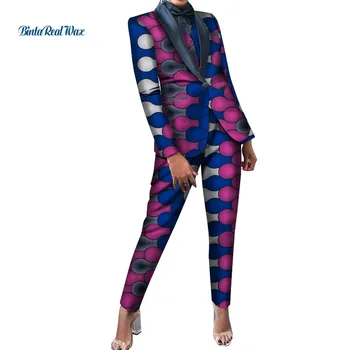 

3pcs Set Office Women Clothes African Print Patchwork Turn-down Collar Blazer Vest Suit for Women Bazin Riche Pants Sets 4468