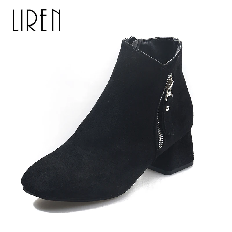 

Liren 2019 Spring/Autumn Women Fashion Ankle Zip Boots Lady Sexy Flock Boots Round Wrapped Toe Med Square Heels Lady Boots
