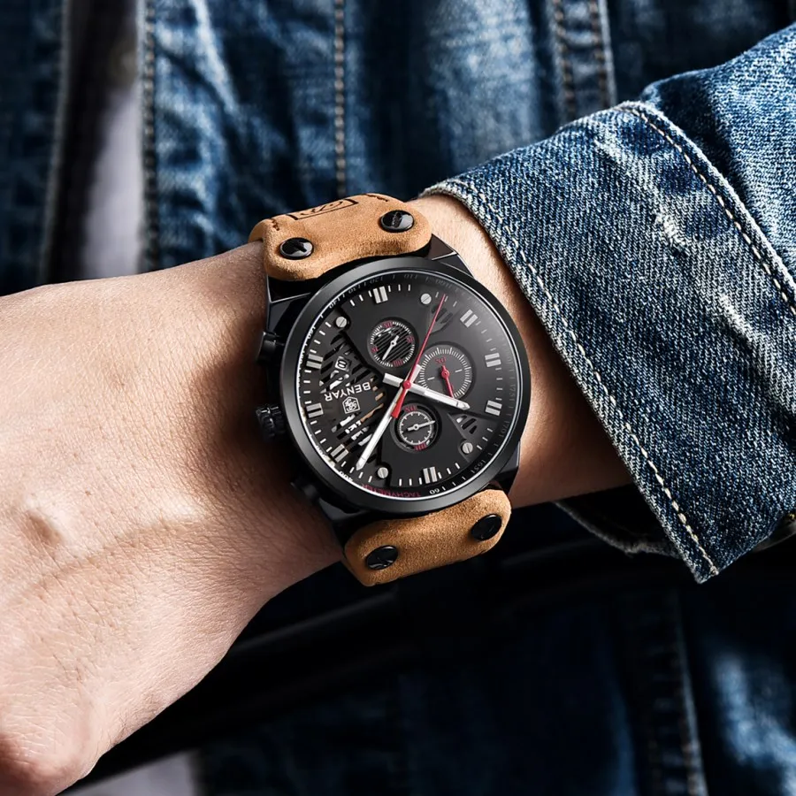 Benyar Брендовые мужские часы 30 м водонепроницаемые кварцевые часы деловые мужские кожаные часы Авто Дата наручные часы Relojes