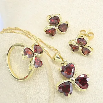 

Red Purple Zircon Gold Color Jewelry Set for Women Stud Earrings Necklace Pendant Ring Birthday Gift