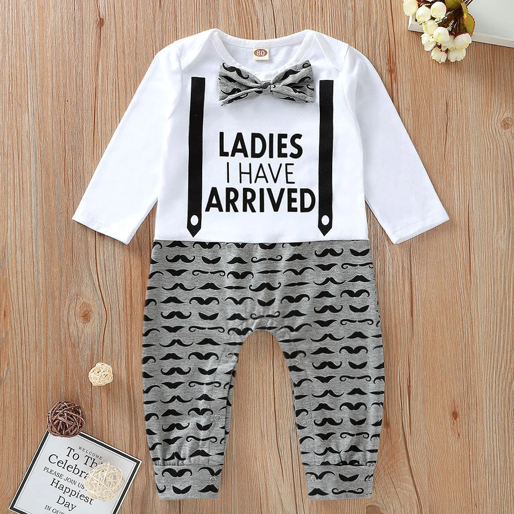 Newborn Infant Baby Boys Clothes Bow Letter baby costume Cartoon Print kombinezon dziecko Romper Fashion Gentleman Jumpsuit