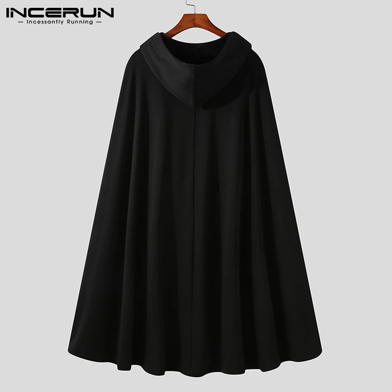 New Men's Fashion Korean Style Single-breasted Cloak Coat Solid Color Autumn Winter Cape Hooded Poncho Coat S-5XL INCERUN 2021