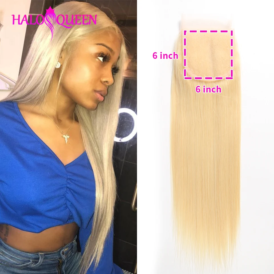 

HALOQUEEN 613Remy 6*6 Lace Closure Brazilian Straight Human Hair Pure Honey Blonde Lace Top Closure Bleached Knot with Baby Hair