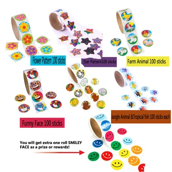 

Free ship Fancy 6 rolls 100 sticks each stickers asst Smiley face Jungle Farm Animal Star Tropical fish Flower kids party favors