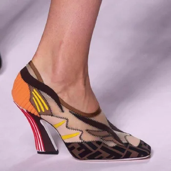 

High Quality Genuine Leather Pump Women High Heels Shoes Brand Designer Color Patchwork Square Toe Ladies Party Sandals Shoes