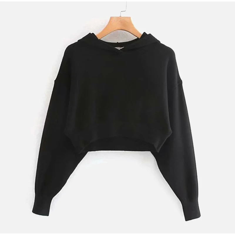 Autumn Casual Solid Short Sweatshirt Pullover Women Long Sleeve Hooded Hoody Ladies Fall Kawaii Women's Hoodies Pullovers - Цвет: black