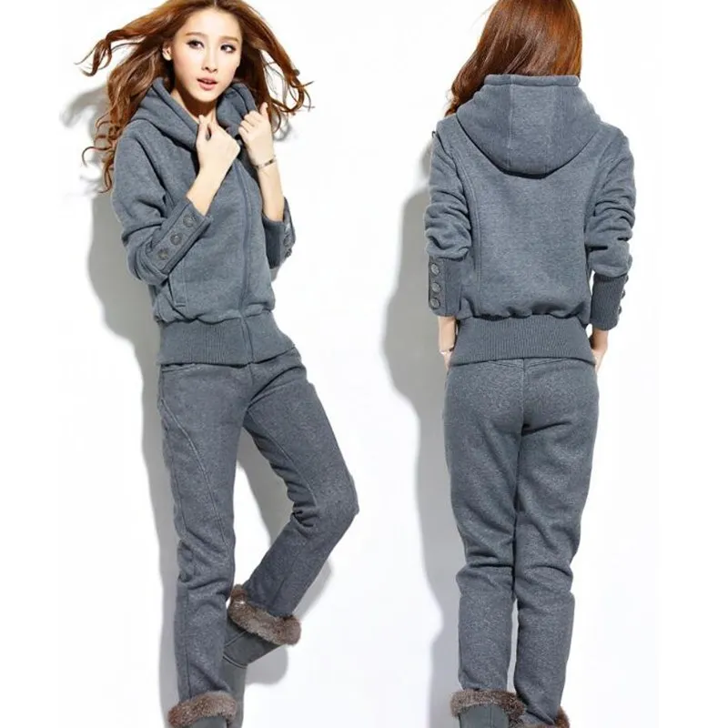 

2018 Sport Suit Women Warm Gray Tracksuits with Hood Sweater Two Piece Set Top and Pants Suit Female