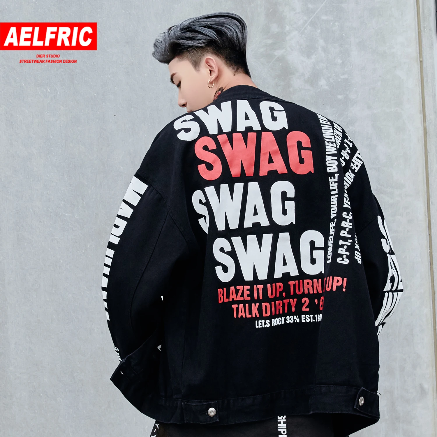 AELFRIC хип хоп винтажные с буквенным принтом мужские джинсовые куртки Harajuku уличная лоскутное пальто с отверстиями модная повседневная мужская верхняя одежда