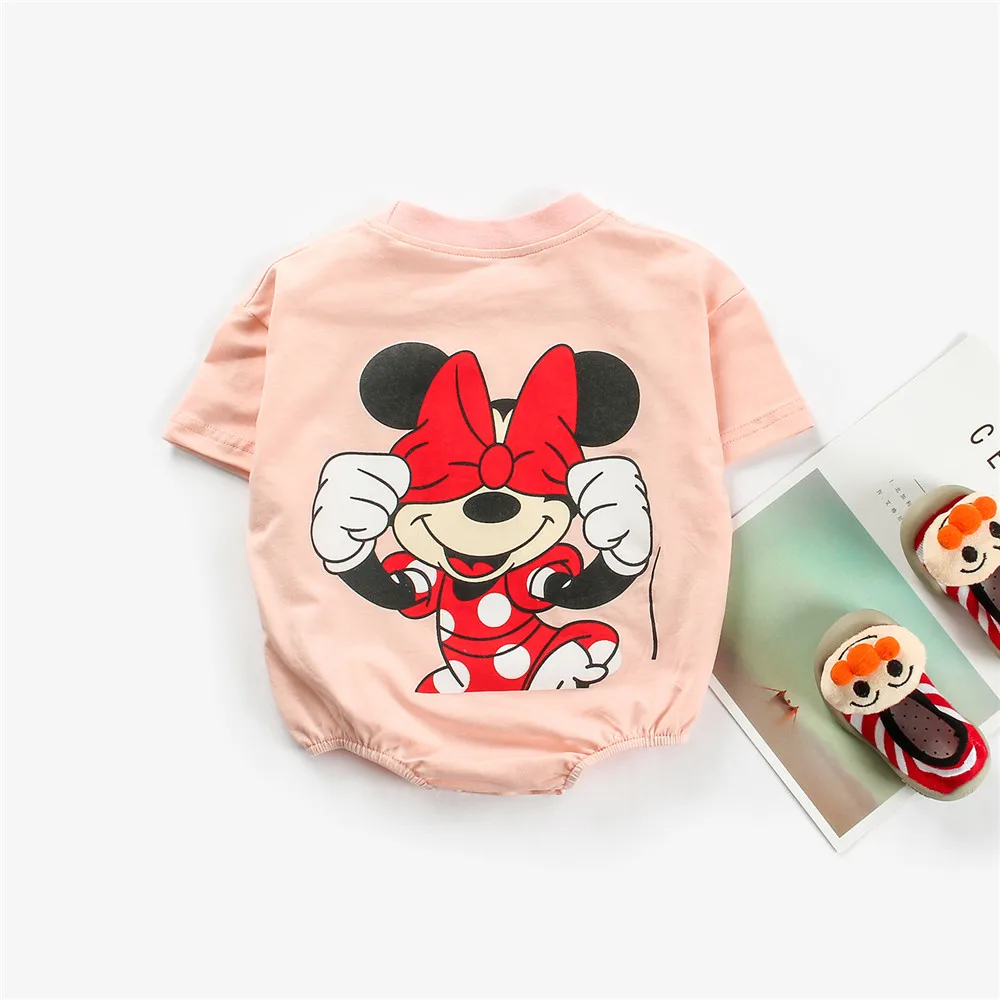 Летние детские комбинезоны; хлопковая одежда для маленьких мальчиков и девочек; детские комбинезоны с коротким рукавом с Микки и Минни; Одежда для новорожденных - Цвет: Pink