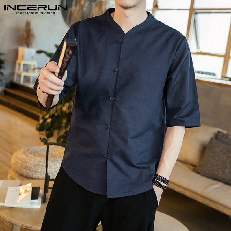Fashion Men Retro Pure Color Short Sleeve Shirt Casual Harajuku Baggy Comfort Joker Cotton Button Mens Blouse Streetwear INCERUN