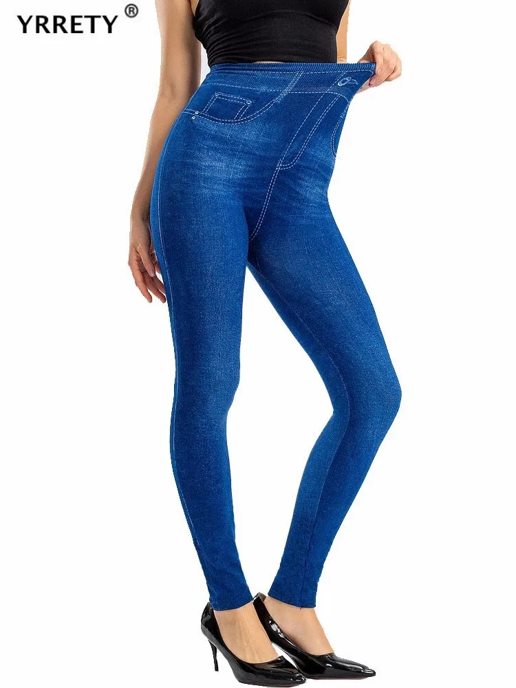 Women Jeggings Faux Denim Jeans Leggings High Waisted Tummy