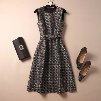 

Women plus size winter dress new 2019 sleeveless elegant a line belt wool geometric jacquard dresses office lady XXL