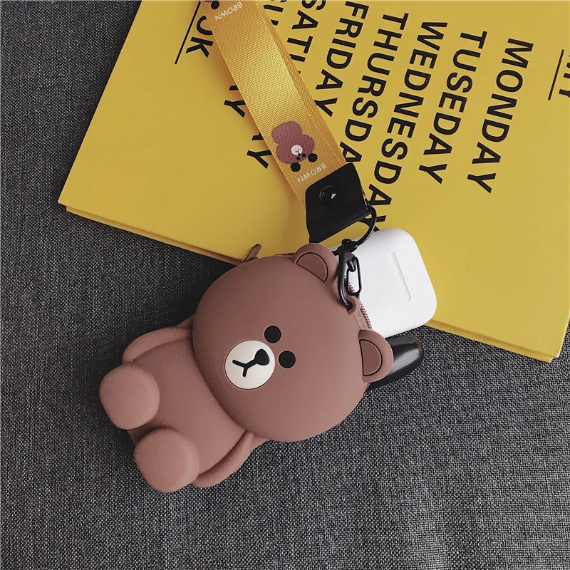 Cartoon Bear Earphone Bag Cute Small Zipper Case Headset Box Mini Soft Silicone Kawaii Portable Earbud Pouch Kids Coin Purse