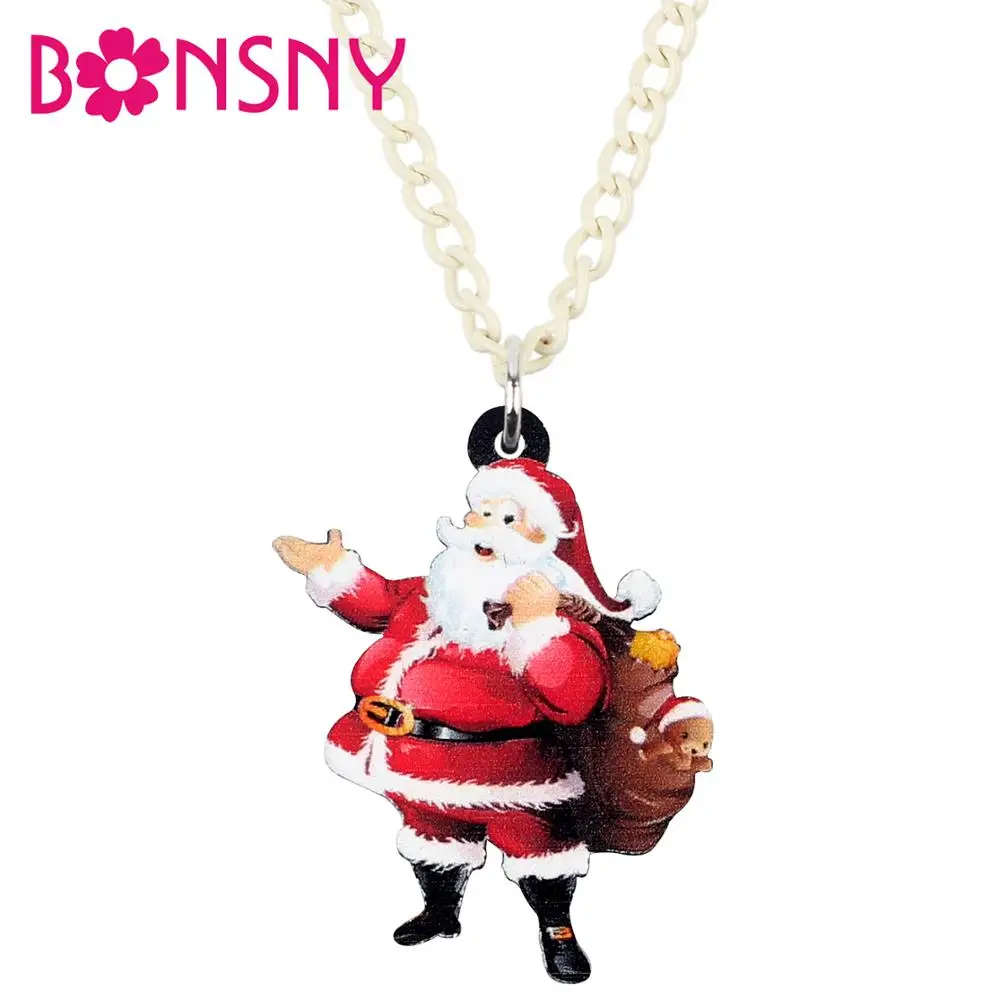 Bonsny Acrylic Christmas Anime Santa Claus Necklace Pendant Sweet Festival Jewelry Lady Girl Teen Kid Charm Decoration Gift 2019 | Украшения