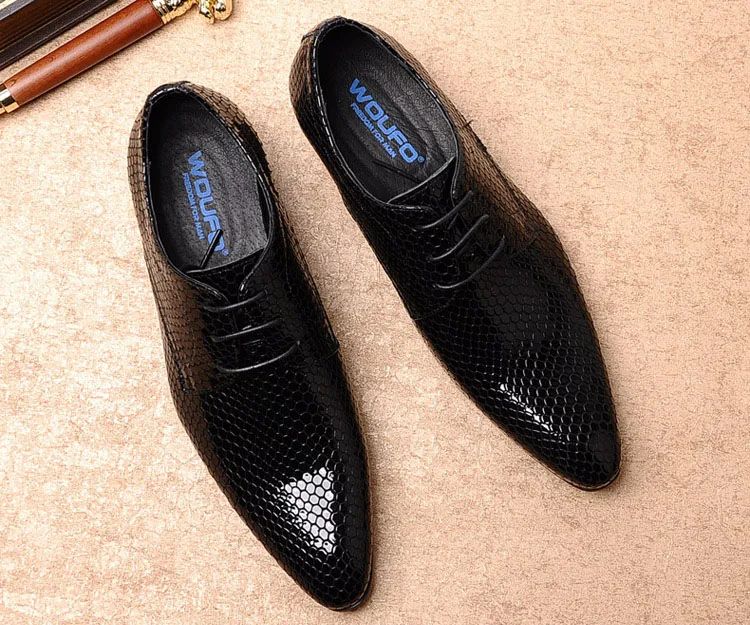 QYFCIOUFU Pointed Toe Oxford Shoes For Men Fashion Lace-up Mens Dress Shoes Snake Pattern Wedding Genuine Leather Formal Shoes