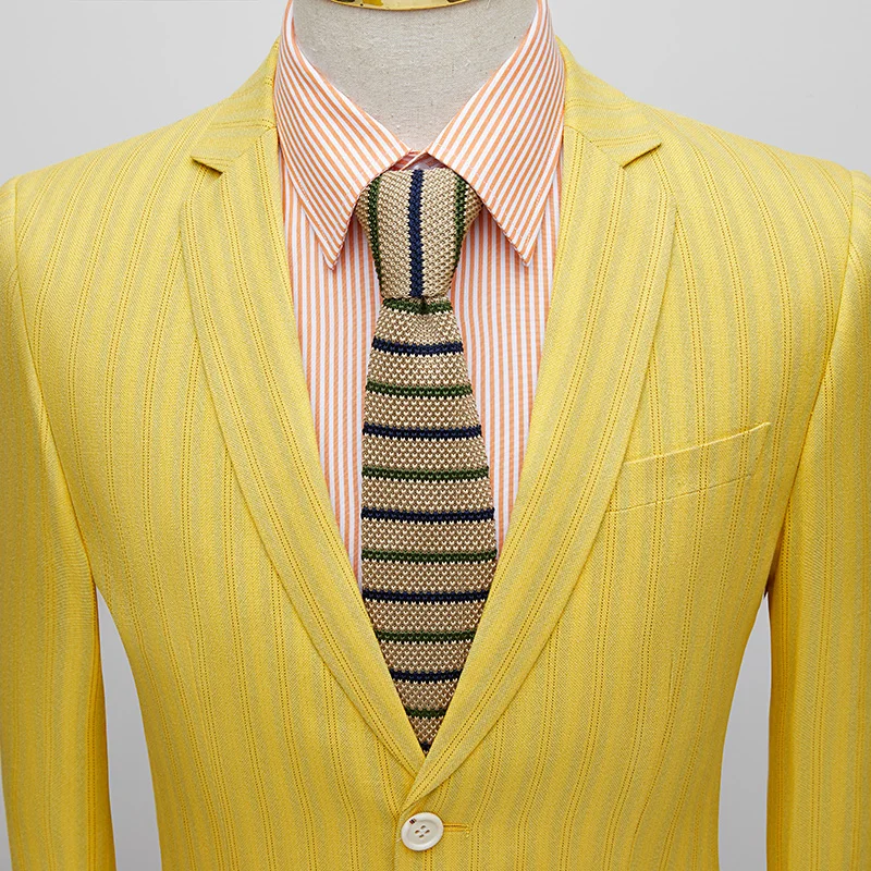 Полосатый мужской костюм с двумя пуговицами Желтый Повседневный деловой приталенный костюм homme из двух частей Свадебный Блейзер брюки terno masculino