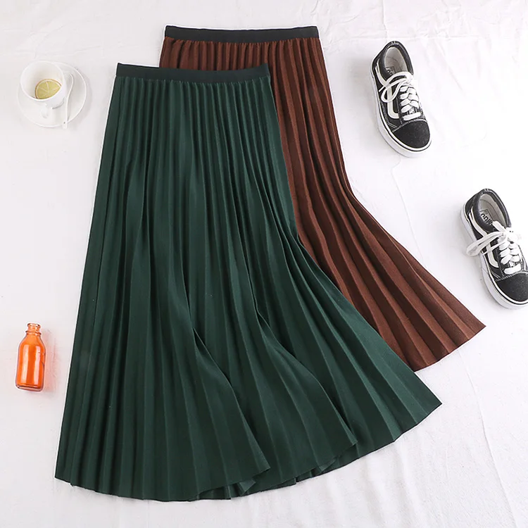 green grey black brown winter elastic flexible stretch high waist midi pleated a line warm wool woollen skirt for women skirts