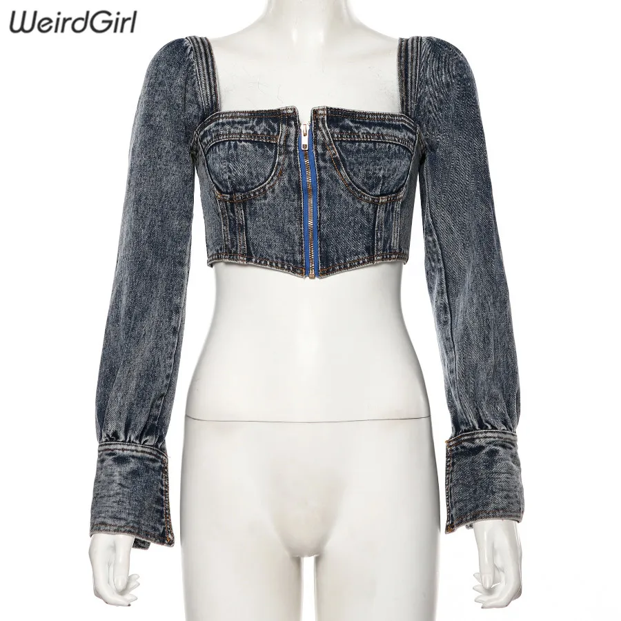 discount  Weirdgirl New zipper Full Sleeve Denim coat square neck bow jacket backless Short Style Coats autum