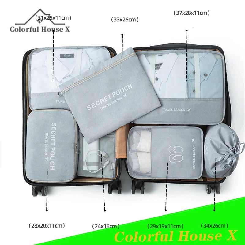 

7pcs Portable Travel Storage Bag Luggage Compartment Clothes Sub Packaging Underwear Packaging Bundle Mouth Finishing Bag Grey