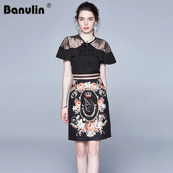 

Banulin Fashion Runway Summer Suit Women's Short Sleeve Lace Splice Ruffles Shirts And Vintage Printed Skirt Two Pieces Lady Set