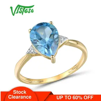 VISTOSO Pure14K 585 Yellow Gold Ring For Women Sparkling Diamond Limpid Blue Topaz Anniversary Classic Fine Jewelry 1