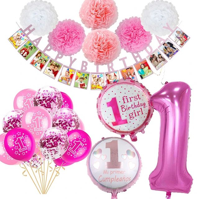 Decoración de fiesta de primer cumpleaños para niña, globos de decoración  de primer cumpleaños de 1 año, suministros de fiesta de Baby Shower -  AliExpress