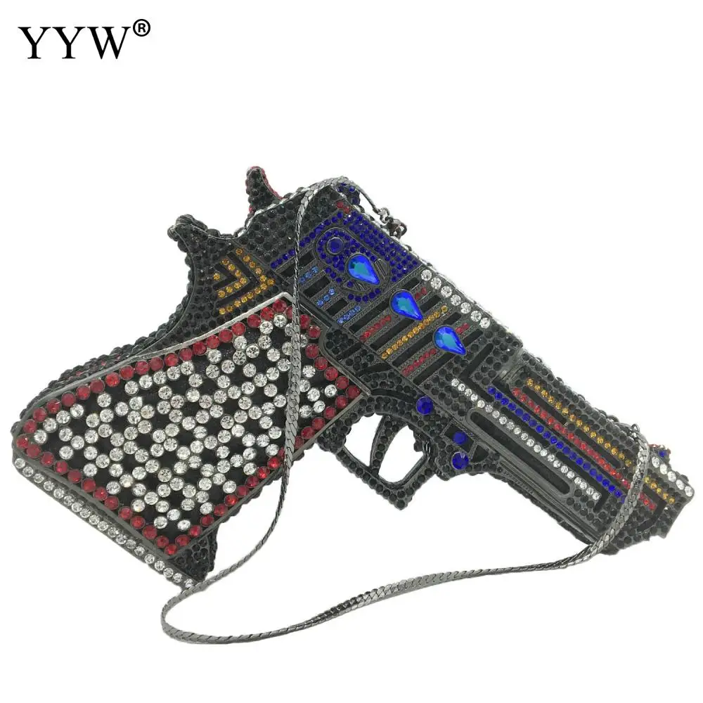 

Black Evening Clutch Bag Rhinestone Pistol Shape Lady's Handbag Purse Chain Crossbody Bag Cosplay Designer Pochette Femme Clutch