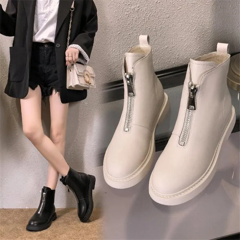 

DIWEINI Leather Front Zip Boots Women's New Cotton Padded Boots In Autumn and Winter 2019 Winter Boots women boots