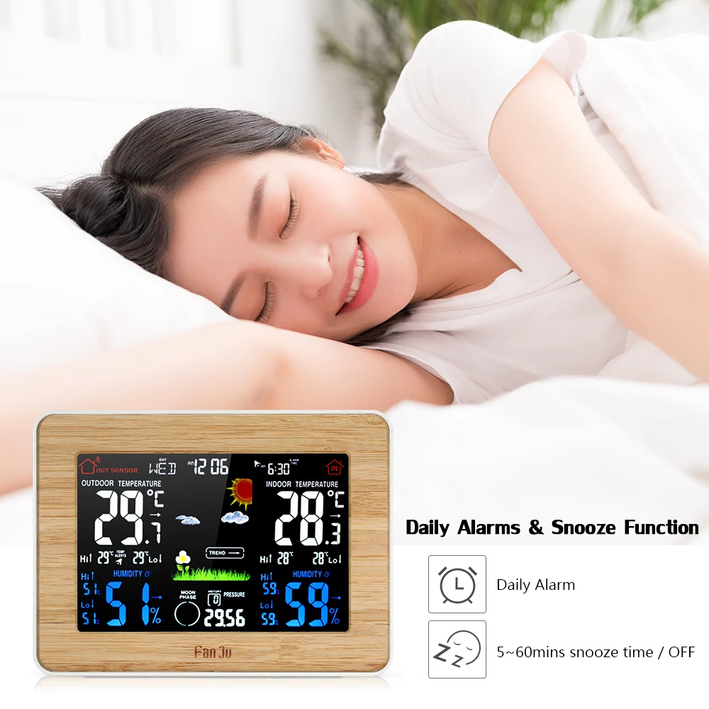

New Weather Station Alarm Clock Indoor Outdoor Thermometer Hygrometer Barometer Digital Alarm Clock Wireless Color LCD Display