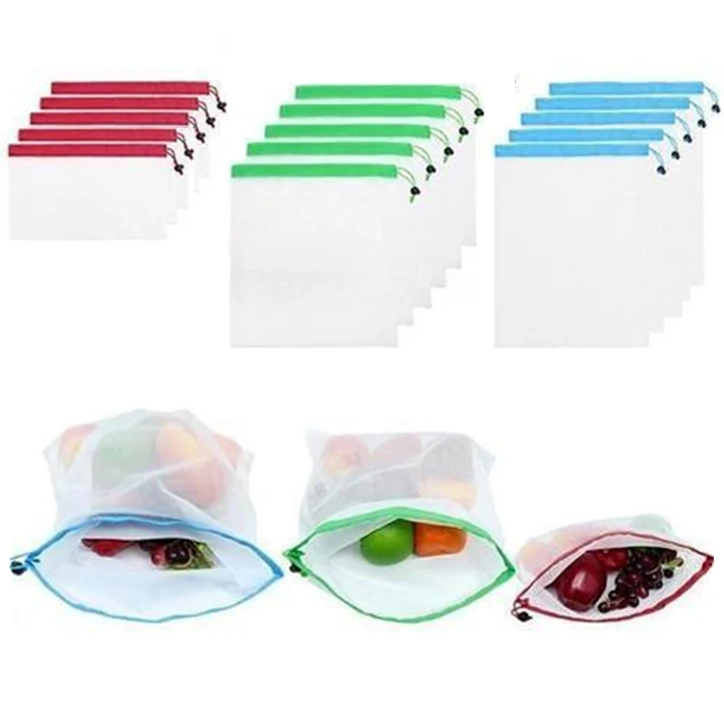 

Reusable Mesh Produce Bags Washable Bags for Grocery Shopping Storage Fruit Vegetable Toys Sundries Organizer Storage 15 Pcs/lot