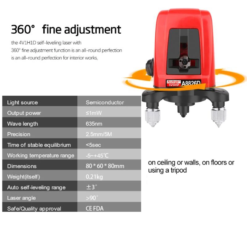 Realmote New Laser Levels 360 Laser 3D Self 2 Line Lasers Horizontal Vertical  A8826D Tripod Mini Levels Range finder