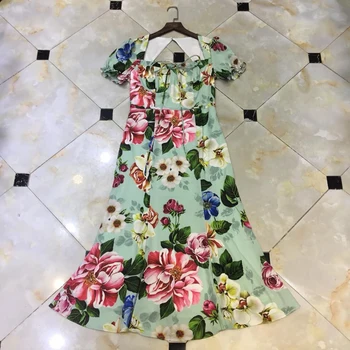 

Designer 2020 Summer New Party Dresses Women's Short Sleeve Blue Flower Printed Midi Resort Mermaid Dress