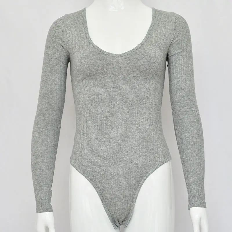 SYSYWEL Off Shoulder Knitted Bodysuit Sexy Black White V Neck WOmen Rompers Long Sleeved Jumpsuit Basic Playsuit