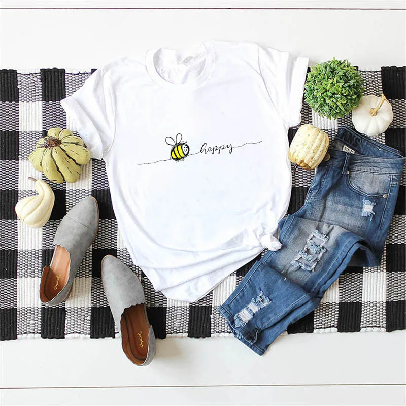 

Summer fashion Elimiiya tshirt Bee Happy Print T Shirt Women streetwear Hipster o neck tshirt Female Harajuku Loose Tee Shir_T-S