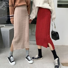 Ретро вязаная женская юбка осень и зима Высокая талия Сплит тонкая юбка Женская простые сплошные швы Теплая юбка женская