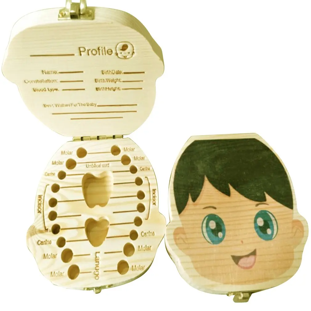 

Wooden Baby Tooth Box English Colorful Print Milk Teeth Umbilical Organizer Storage Souvenir Case Baby Gifts