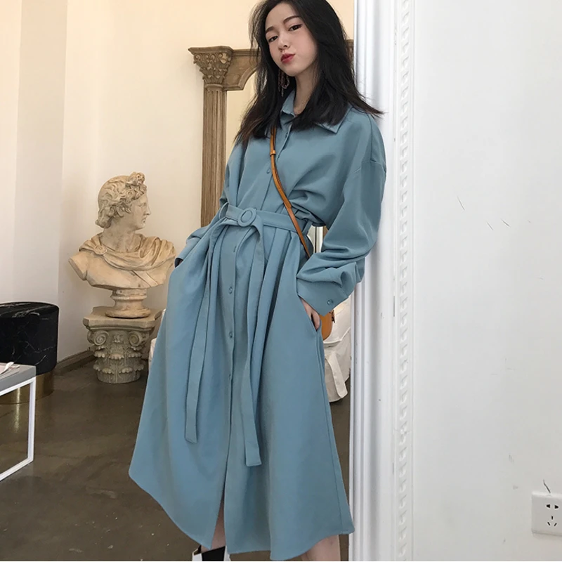 

Loose Casual Dress Vintage Single-Breasted Long Sleeve Sashes Women's Shirt Dress Spring New