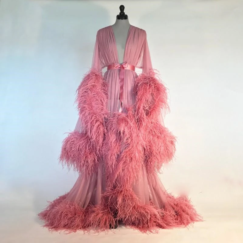 Pink Womens Robe Feather Nightgown Bathrobe Sleepwear Bridal Robe With
