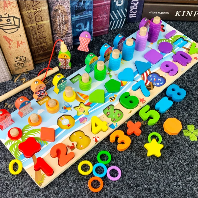 Montessori Education Toys For Kids Board Wooden Toy Math Fishing