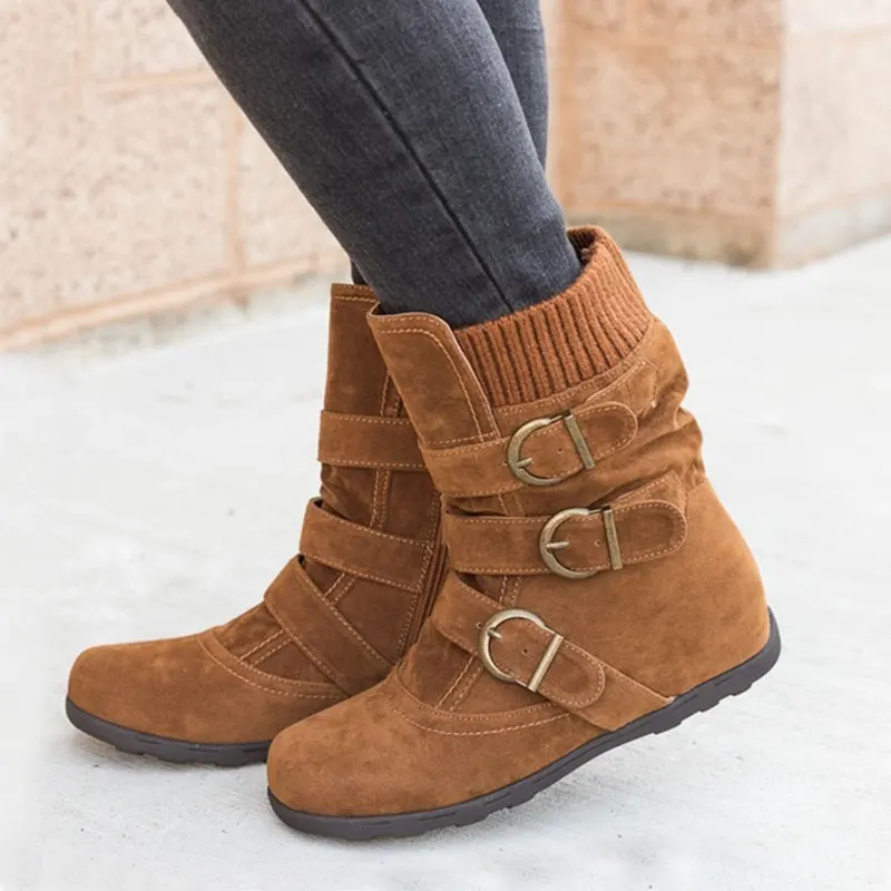 Cushioned Low-calf Buckled Boots Low Heel Knitted Fabric Zipper Slip On Boots