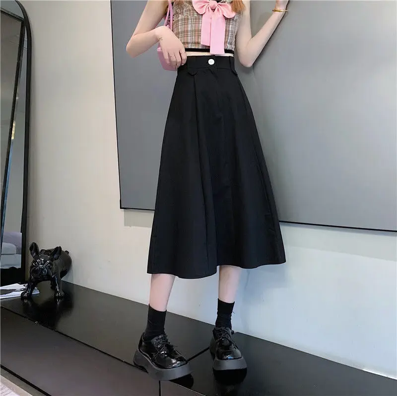 Korean Elegant Skirt for Women Summer Casual A-Line Kawaii Midi Skirt Female Designer Solid High Waist Fit Chic Sweet Skirt 2021 black midi skirt