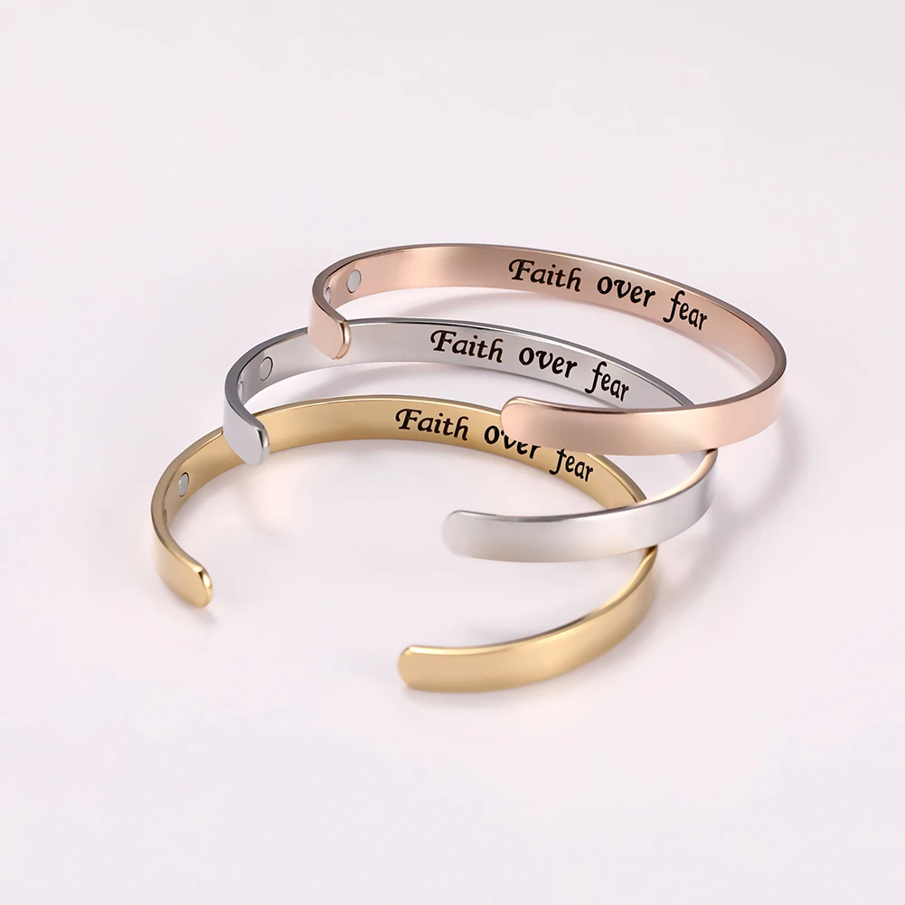 Fishhook Lover Healthy Magnet Simple Gift Rose Gold Inspirational Quote Words Woman Ladies Stainless Steel Cuff Bracelet Bangle