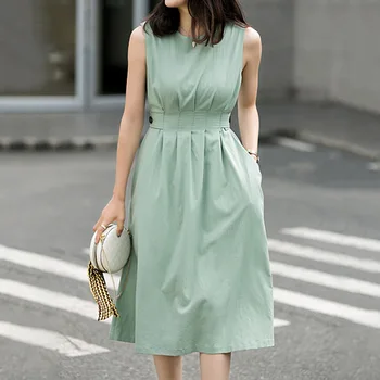 

Summer Office Ladies Sleeveless Dress Solid Color Pleated Button Korean Japan Round Neck A-Line High Waist Dress Date Night